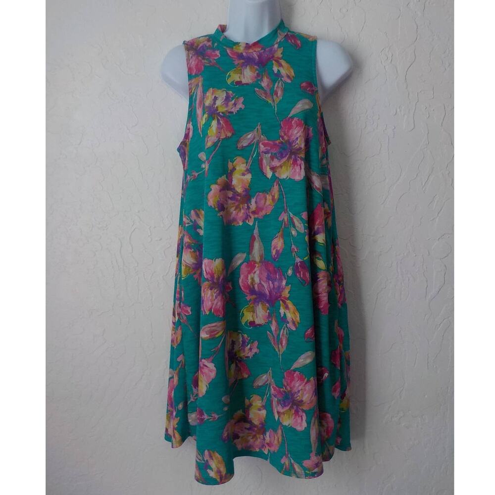 Envy Green Floral A-Line Dress Women Small Sleeveless Mock Neck Pullover Pockets